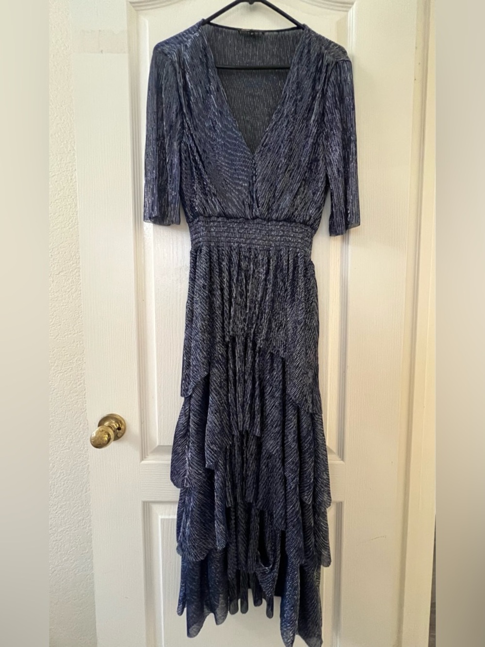 Maje Navy Metallic V-Neck Tiered High-Low Dress - Picture 3 of 6